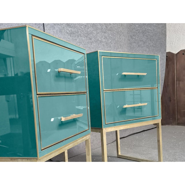 Contemporary Azure Bedside Tables in Wood and Brass Edges from Justfurnituress SRL, Set of 2 For Sale - Image 3 of 9