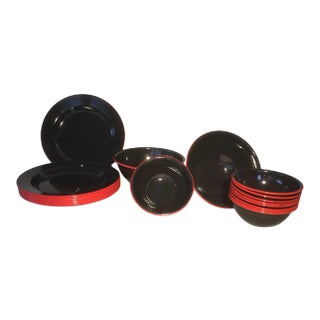 Enamel Dinnerware in Black and Red - Set of 22 Pieces For Sale