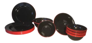Enamel Dinnerware in Black and Red - Set of 22 Pieces