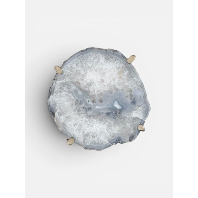 Unusual Modern Handcrafted Drinks Table. Oval agate geode top with gilded steel base. Beautiful Pale Blue with mottled...