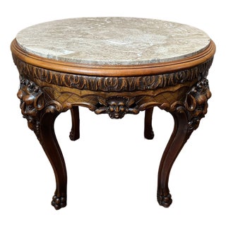 Antique French Renaissance Revival Center Table Round Marble Carved Walnut C1900 For Sale