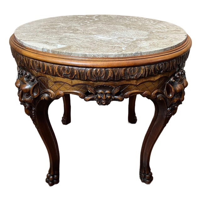 Antique French Renaissance Revival Center Table Round Marble Carved Walnut C1900 For Sale