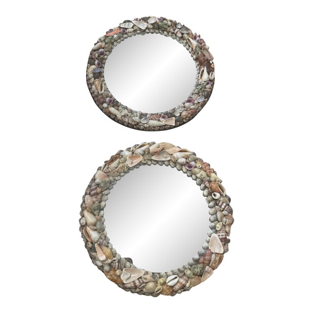 Pair of Vintage French Coquillage Seashells Round Small Mirrors For Sale