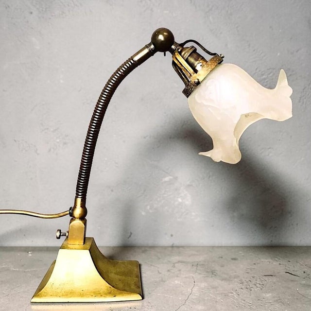 Art Nouveau Flexible Brass Goose Neck and Glass Table Lamp, 1950s For Sale - Image 13 of 13