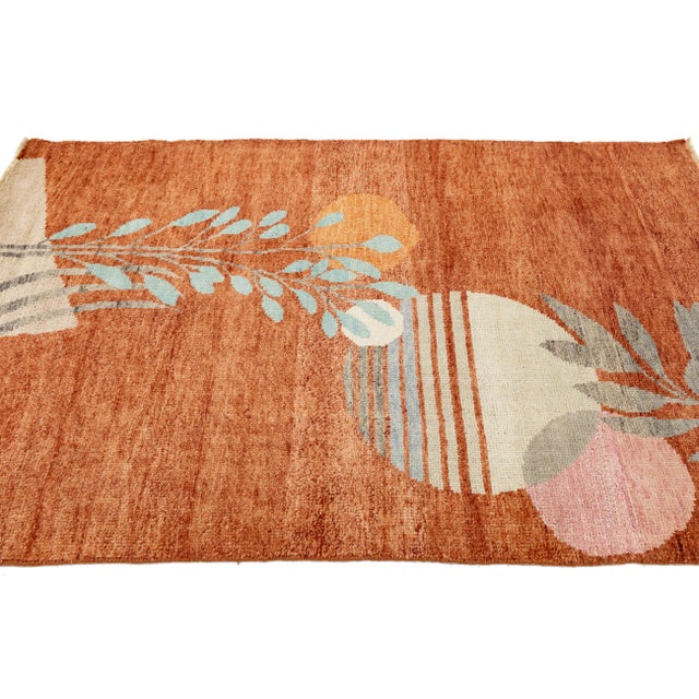 4x6 Modern Art Deco Hand-Knotted Area Rug Abstract Botanical Rust & Terracotta For Sale In New York - Image 6 of 8