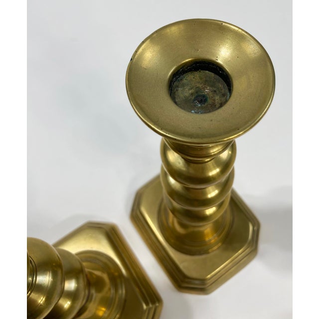 Metal Antique Brass Push-Up Candlestick Holders, a Pair For Sale - Image 7 of 7