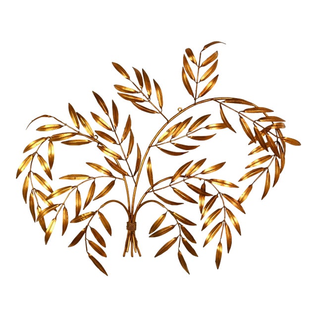 1960’s Italian Mid Century Hollywood Regency Gilt Metal Wall Sculpture of Branches With Leaves For Sale