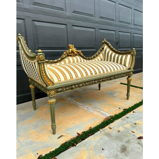 Gold French Style Golden Settee – Damask Upholstery With Gold Leaf Details For Sale - Image 8 of 10