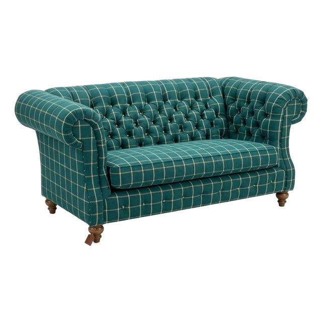 Green Plaid Chesterfield Oversized Loveseat Sofa For Sale