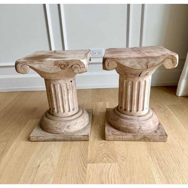 Pair of Vintage Sculptural Carved Wood Ionic Column Side Tables / Architectural Pedestals For Sale In Chicago - Image 6 of 12