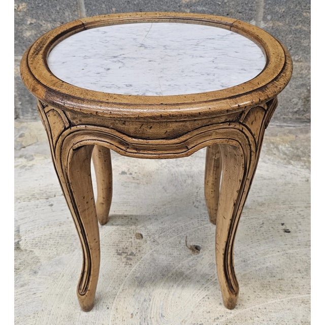 French Provincial Mid-Century French Provincial Fruitwood and Marble Top Candle Stand Side Table For Sale - Image 3 of 7