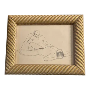 1970’s Vintage Original Abstract Male Nude Double Figures Study Drawing Fancy Gold Frame