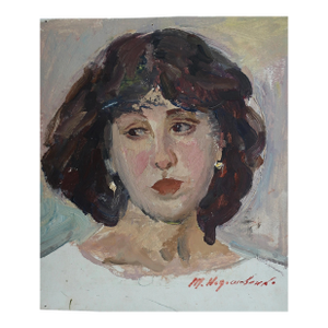 1980s Portrait Painting, Young Girl, Ukrainian Soviet Art 32-27