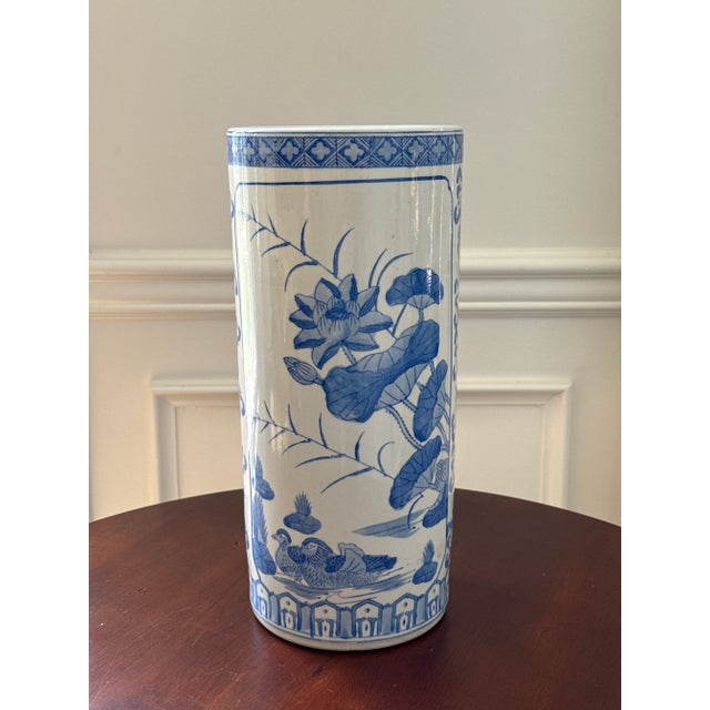 Mid 20th Century Vintage Hand Painted Blue and White Umbrella Stand For Sale - Image 5 of 8