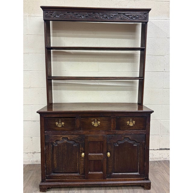 Wood Antique English Oak Pewter Cupboard Welsh Style Dresser For Sale - Image 7 of 11