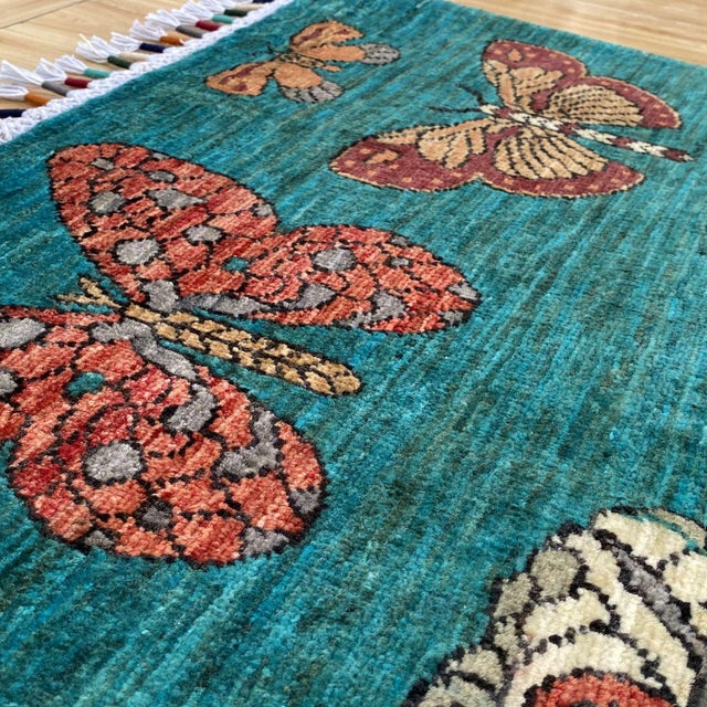 Gray Teal Butterfly Moth Pictorial Hand-Knotted Wool Rug - 3'4" X 4'10" For Sale - Image 8 of 10