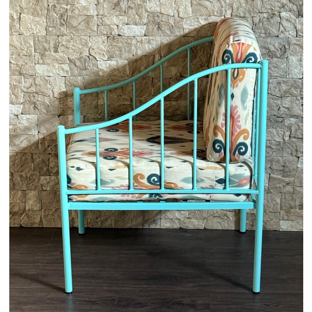 Early 21st Century Pair of Wrought Iron Turquoise Lounge Chairs with Outdoor Geometrical Fabric For Sale - Image 5 of 18