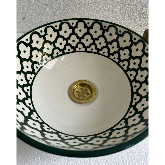 Metal Handcrafted Ceramic Green Vessel Sink Basin, Brass Drain For Sale - Image 7 of 9