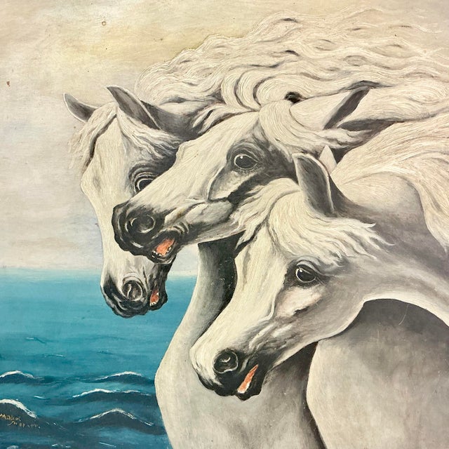 1940s Vintage Impressionist Mabel Mercer Original Oil Painting - Three American White Horses For Sale - Image 9 of 13
