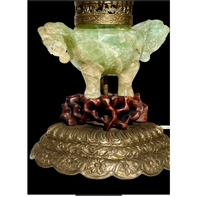 Chinese Chinese Carved Stone Foo Dog Lamp With Shade For Sale - Image 3 of 6