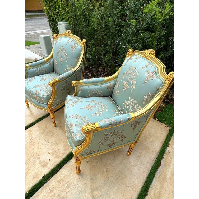 French Louis XV Style Blue-Green Bergere Wing Chair Set of 2 With Gold Leaf Details For Sale - Image 10 of 10