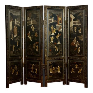1920s Chinese Export Four Panel Lacquered Coromandel Dressing Screen Room Divider For Sale