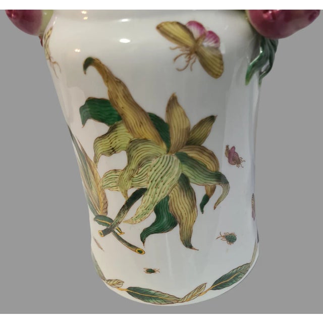 Vintage Asian Hand Painted Porcelain Butterflys Pomegranate Handles Vase For Sale - Image 4 of 10