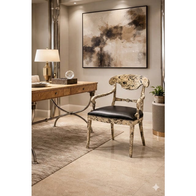 1970s Regency Style Faux Marbleized Painted Arm Desk Chair W/ Black Leather For Sale - Image 9 of 9