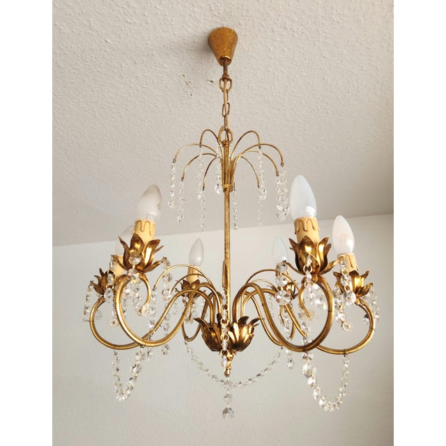 Vintage Hollywood-Regency Gold-Plated Cascade 6-Light Waterfall Chandelier with Crystal Pendants, 1960s For Sale - Image 16 of 18