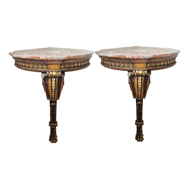 Pair 19th C French Louis XV Carved & Gilt Walnut Corner Console Tables For Sale