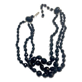 MCM Jewelry Marked West Germany Three Strand Jet Glass Necklace For Sale