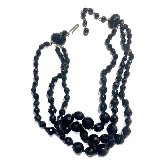 MCM Jewelry Marked West Germany Three Strand Jet Glass Necklace For Sale
