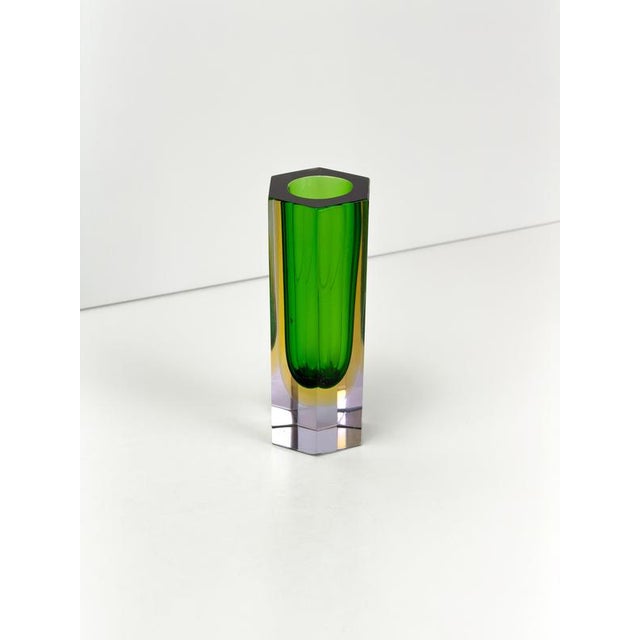Murano Glass Sommerso Hexagonal Vase in Green, Yellow and Lilac, 1960s For Sale - Image 3 of 10