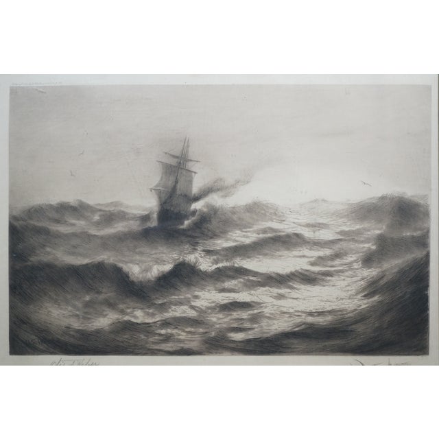 Late 19th Century Antique Otis S Weber Signed Nautical Maritime Choppy Seas Clipper Ship Etching For Sale - Image 5 of 11