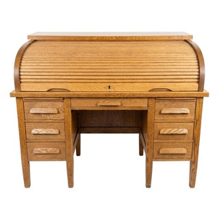 Vintage Oak C-Curve Roll Top Desk With Full Fitted Interior For Sale