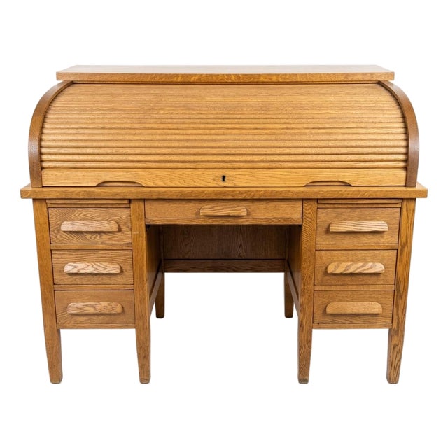 Vintage Oak C-Curve Roll Top Desk With Full Fitted Interior For Sale