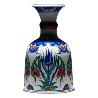 Handmade Ceramic “Bell” Vase (20cm) – Blue Tulips & Red Neck Ring – Traditional Bell Form For Sale
