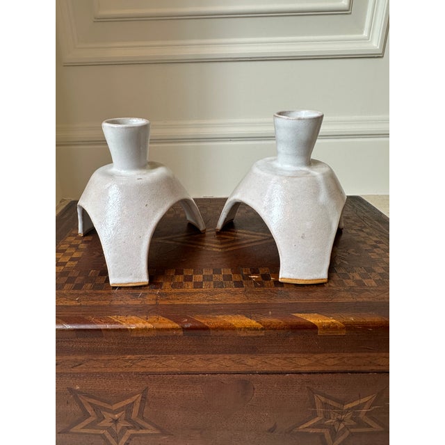Vintage Handcrafted Signed Atomic Glazed Terracotta Candleholders - A Pair For Sale - Image 4 of 18