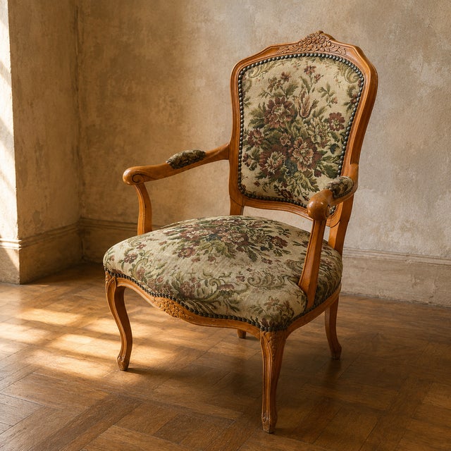 Louis XV Style Floral Tapestry Armchair with Carved Wood Frame, 1950s For Sale - Image 6 of 6