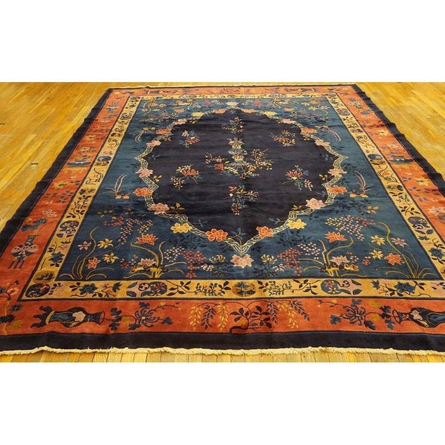 1900s Traditional Chinese Vase Navy Blue Field Antique Peking Room Size Wool Rug For Sale - Image 4 of 6