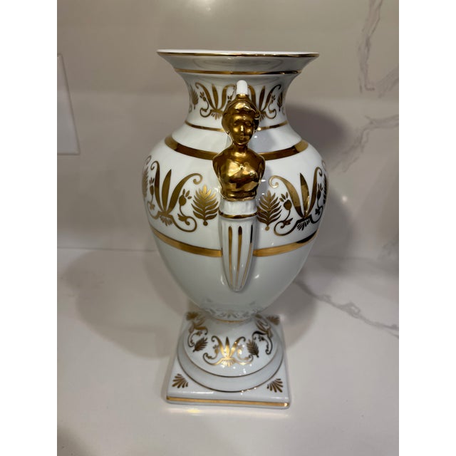 Vintage Neoclassical Campana Porcelain Gold & White Figural Urn For Sale - Image 11 of 11