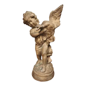 Early 1900s French Bronze Statue of Boy and Duck