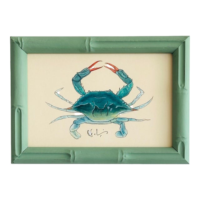 Original Hand-Painted Crab Painting in a Hand-Painted Frame For Sale