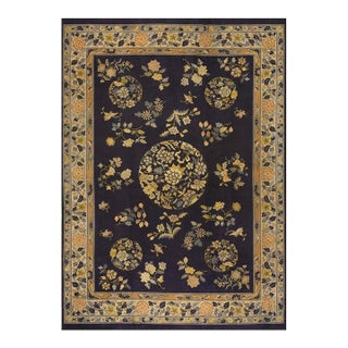 1920s Navy Floral Deco Antique Chinese Peking Handknotted Wool Rug 9' 7" X 13' For Sale