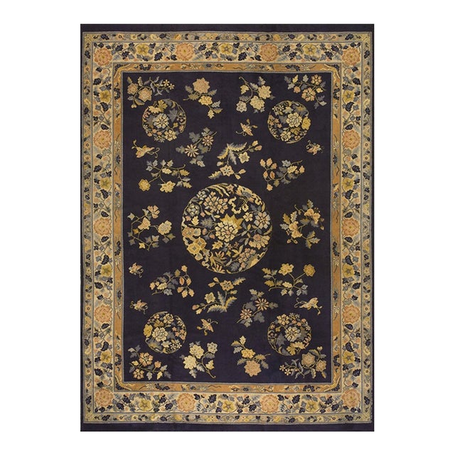 1920s Navy Floral Deco Antique Chinese Peking Handknotted Wool Rug 9' 7" X 13' For Sale