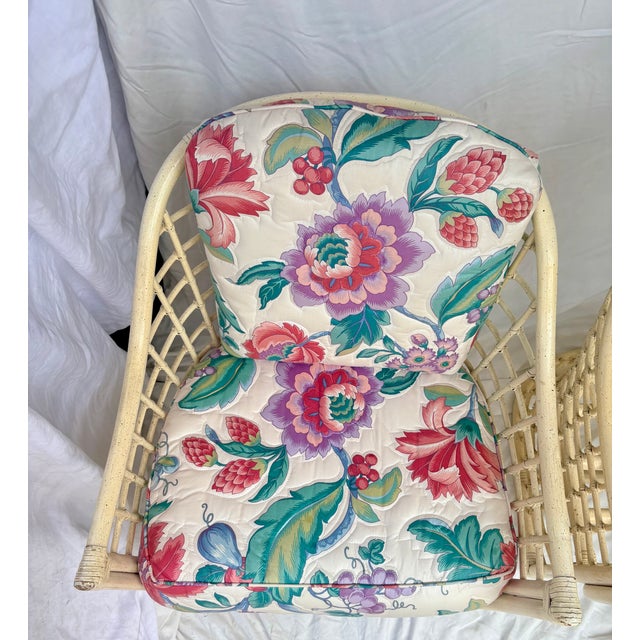 1980's Rattan Lattice Barrel Lounge Chairs With Chinoiserie Cushions in the Style of Ficks Reed a Pair For Sale - Image 15 of 16