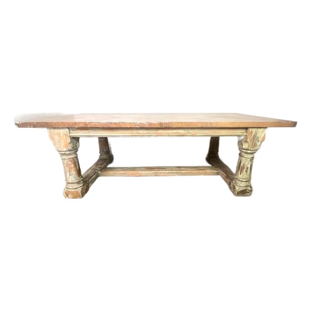 Rustic Painted Dining Table W/ Herringbone Pattern Top For Sale