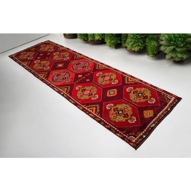 Vintage Hand-Knotted Turkish Area Rug Wide Hallway Rug Gallerie Runner Rug- 3′11″ X 12′6″ For Sale - Image 4 of 16