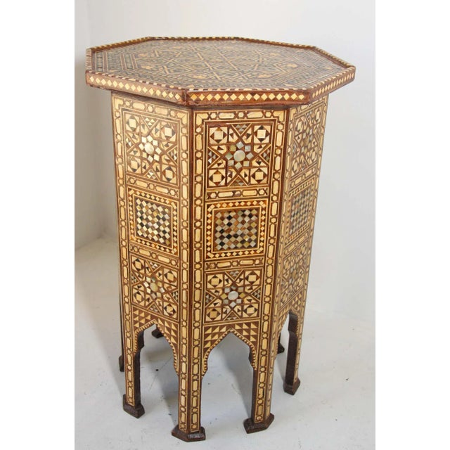 Wood Moorish Moroccan Octagonal Pedestal Tables Inlaid with Mosaic Marquetry - A Pair For Sale - Image 7 of 13