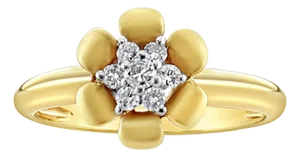 Diamond Flower Shaped Ring with Satin Finish Petals 14k Yellow Gold, Size 5
